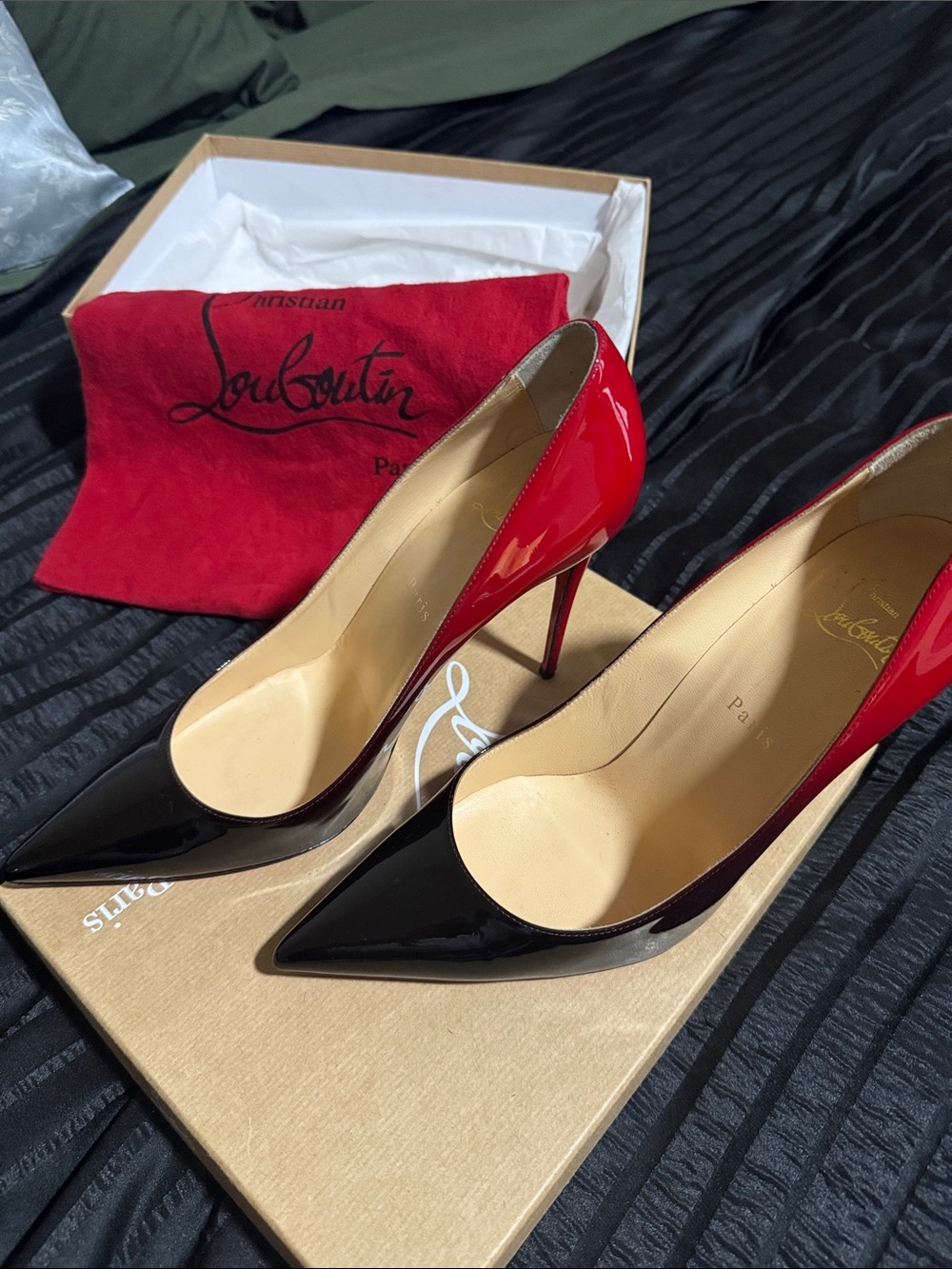 Christian Louboutin Two-Tone Patent Pumps in Red and Black - Picture 2 of 13